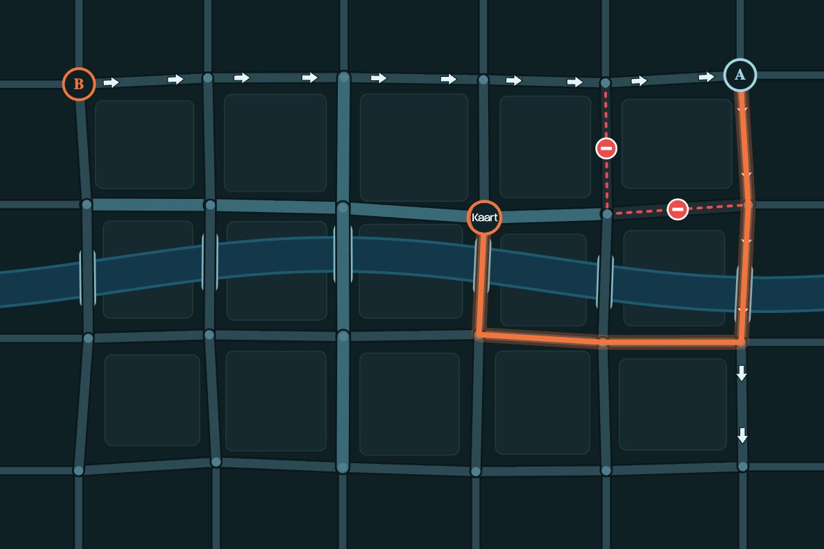 Detour: a street map with one-way arrows, closed roads and a route from A to B
