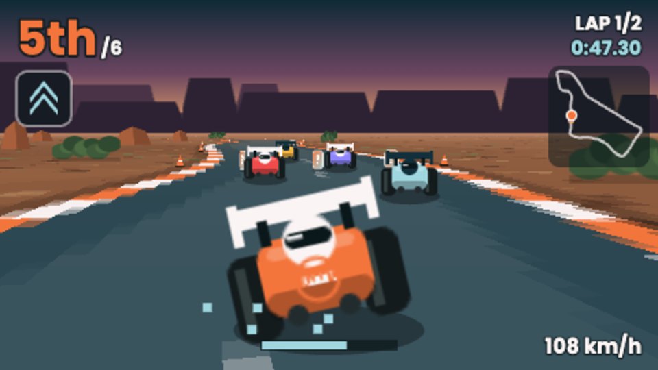 GoKaart: an orange kart drifting past rivals on a Colorado racetrack at sunset