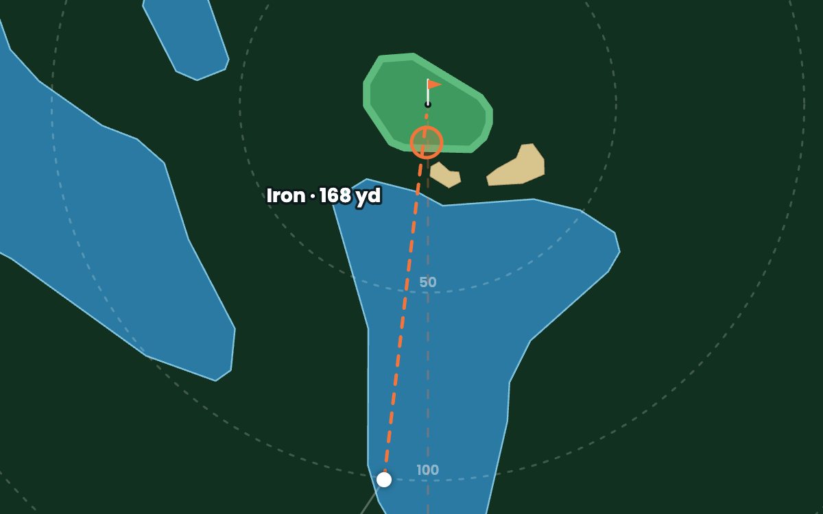 Golf: an iron shot to a green across a lake on a real Grand Junction course mapped on OpenStreetMap