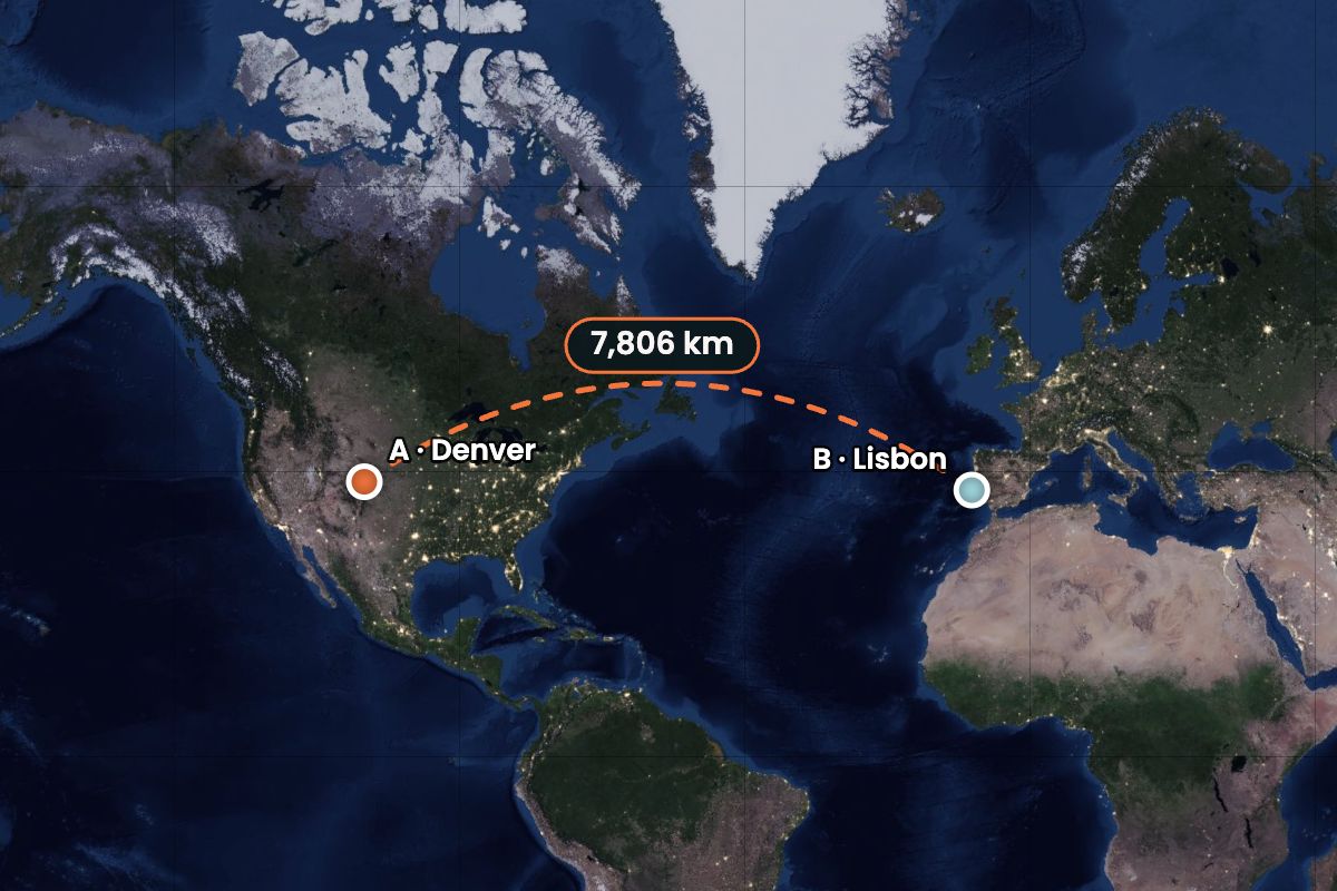 How Far?: Denver and Lisbon on a night-lights map with a great-circle arc