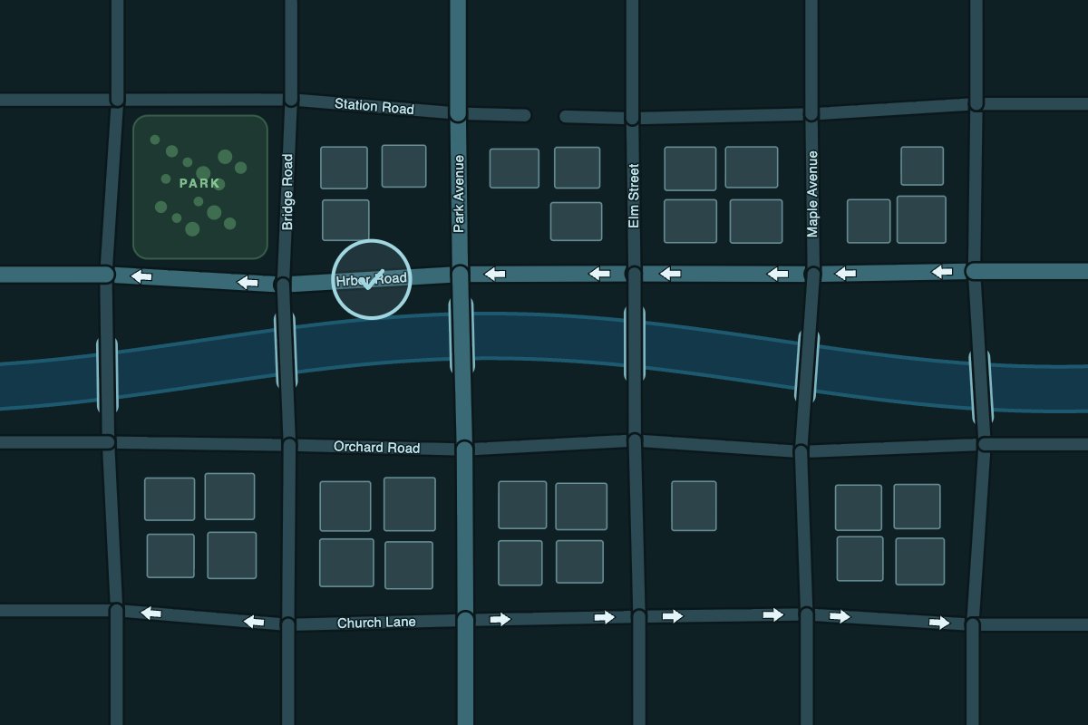 Map Fixer: a street map with one-way arrows, a misspelled street name and a building on a road